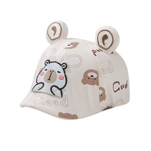 Cute beige baby sun hat with bear ears and cartoon prints for summer outdoor wear
