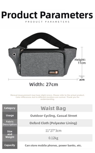 Detailed view of grey oxford waist bag with dimensions 27x11x3cm and headphone port