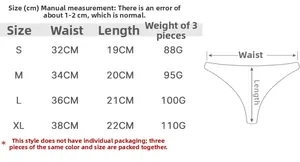 Size chart showing dimensions for high-cut ribbed cotton thongs in various sizes