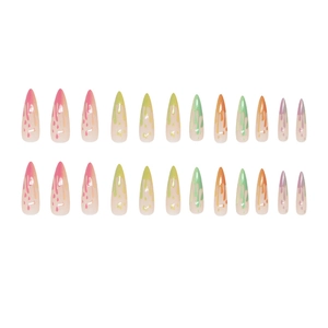 Rainbow gradient almond press-on nails set with 3D droplet design on white background