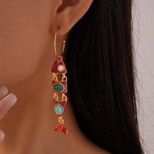 Ethnic gold fish tassel earrings with red enamel and colorful beads for women