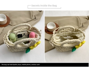 Detailansicht der Strohtasche mit Kordelzug-Innenfutter und großer Blumenverzierung