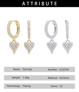 Detailed specifications for S925 sterling silver heart earrings with CZ stones in gold and silver