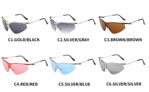 Matrix display of six trendy wrap-around sports sunglasses in various color options