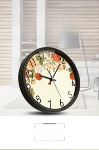 Detail of creative floral wall clock showing silent scanning movement and Arabic numerals