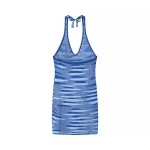 Détail de la conception dos nu et du motif de vagues bleues sur la robe courte en tricot