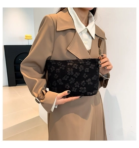 Detail of black floral embossed clutch bag held by a model wearing a khaki trench coat