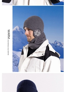Close-up of winter knitted beanie and neck warmer set with thermal fleece lining in grey