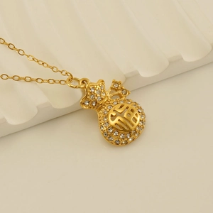 18k gold plated stainless steel fortune bag necklace with sparkling white zircon crystals