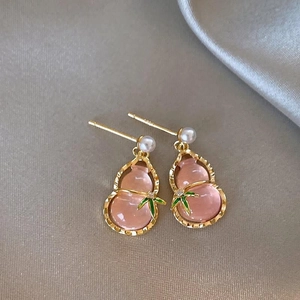 Pink opal hulu gourd earrings with gold edges and green leaves for women