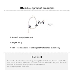 Detail view of swallow pearl necklace set with dimensions and alloy material specs