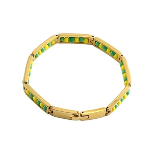 Gold stainless steel link bracelet with alternating yellow and green enamel beads