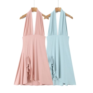 Robe Mini Dos Nu Décolleté En V Profond Ourlet À Volants Irrégulier Sans Manches Nylon Élasthanne Couleur Unie Sexy Été Femmes