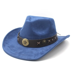 Detail of blue suede cowboy hat with brown leather band and vintage metal floral studs