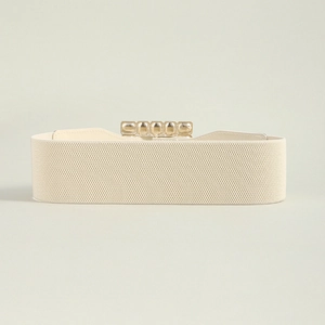Detailed view of beige elastic waist belt with five gold rectangular metal buckles