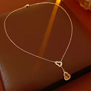Gourd Pendant Necklace Gold Plated Copper With Tiger Eye Stone Cubic Zirconia Adjustable Clavicle Chain Retro Style For Women