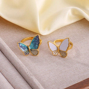 18k gold plated stainless steel butterfly rings with diamonds and shell inlay set