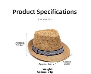 Detailed parameter diagram of a breathable straw fedora with dimensions and weight info