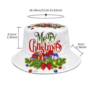 Christmas reversible bucket hat with festive patterns and size chart measurements