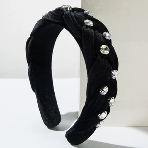 Ethnic style black velvet braided headband with colorful rhinestones for women