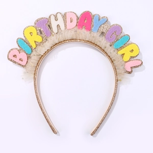 Sparkly Birthday Girl headband with colorful letters and delicate lace trim for parties