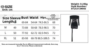 Detailed size chart for lace off-shoulder dress including bust, waist, and length specs
