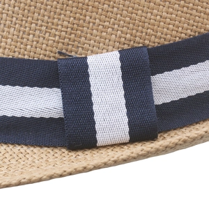 Classic men's khaki straw sun hat with navy blue and white striped ribbon band