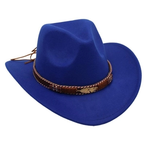 Detail of royal blue wool cowboy hat with brown braided band and gold feather ornament