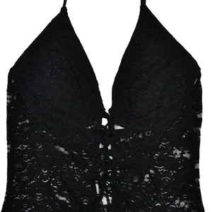 Detail of black lace bodysuit featuring a deep V-neck and front lace-up fastening detail