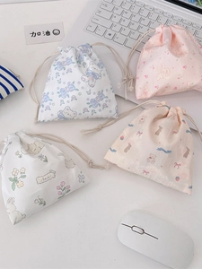 Cute cartoon drawstring storage bags set with floral patterns for makeup and accessories