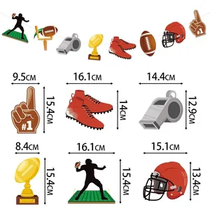 Detailed dimensions of American football party banner pieces including helmet and trophy