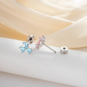 Silver screw back heart earrings with blue and pink clover-shaped zircon stones