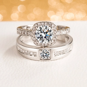 Princess cut square zircon couple rings in polished silver finish with pavé set band