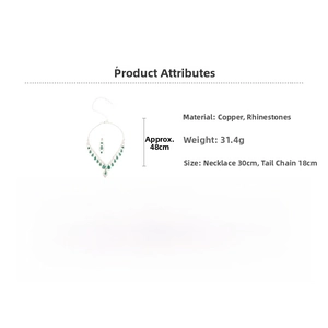 Detail of emerald teardrop tassel necklace and earrings with product dimensions