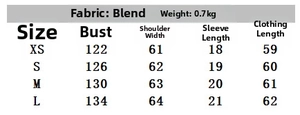 Detailed size chart for minimalist short woolen coat showing measurements for XS to L