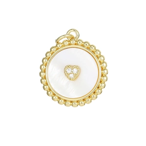 Elegant gold round pendant with white mother of pearl and crystal heart inlay