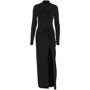 Detail view of the elegant side ruched design and high slit on this black mock neck maxi dress