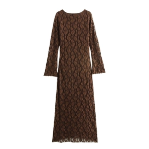 Elegant dark brown lace maxi dress with long flare sleeves and floral hollow patterns