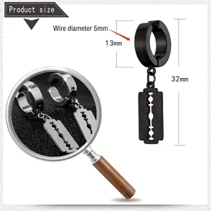 Punk razor blade drop earrings for men and women showing size and polished metal texture