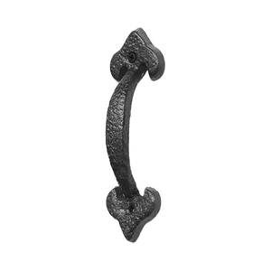 Vintage black cast iron door handle with heart-shaped plates and hammered texture surface