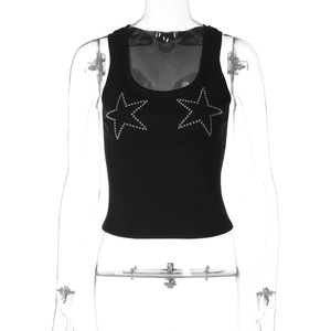 Detail of black ribbed knit vest with silver rhinestone star patterns for women