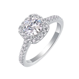 Elegant S925 sterling silver ring with a round moissanite center and halo setting