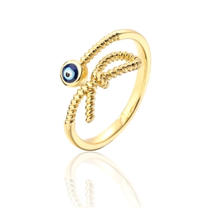 Detail of 18K gold plated evil eye open ring featuring blue zircon and twisted rope texture