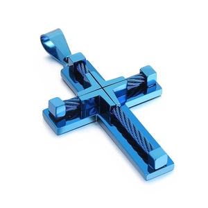 Polished blue stainless steel cross pendant with woven cable design for men's necklace