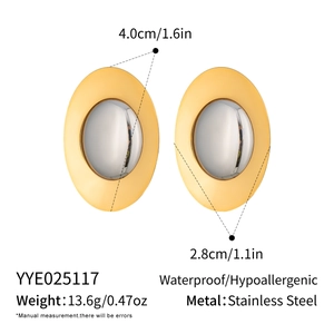 Detail view of oval bicolor stud earrings with stainless steel size and weight specs