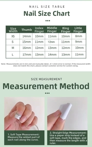 Size guide table and measurement instructions for reusable minimalist cream press-on nails