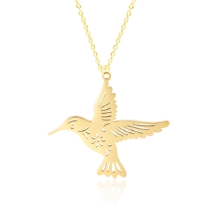 Detailed view of 18K gold plated stainless steel hummingbird pendant with floral cutouts