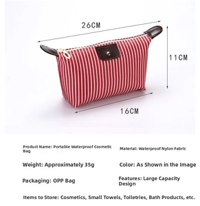 Red striped waterproof makeup bag with leather handle details and 26x11x16cm dimensions