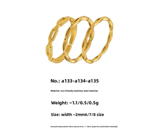 Detailed view of three gold-plated stainless steel rings with unique textured patterns