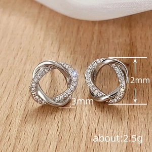 Silver interlocking twisted hoop earrings with zircon stones, 12mm minimalist design